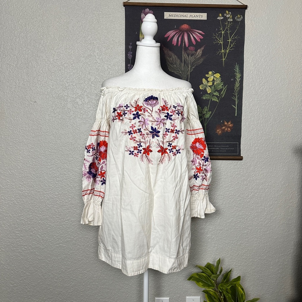 Free People Bohemian Cream Embroidered Floral Tunic
